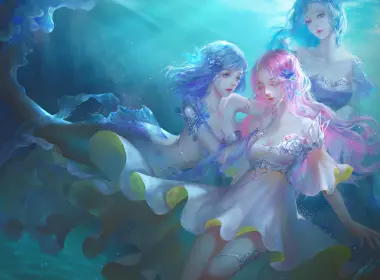动漫 原创 女孩 Blue Hair Aqua Hair Pink Hair Underwater 人鱼 高清壁纸 3000x1688