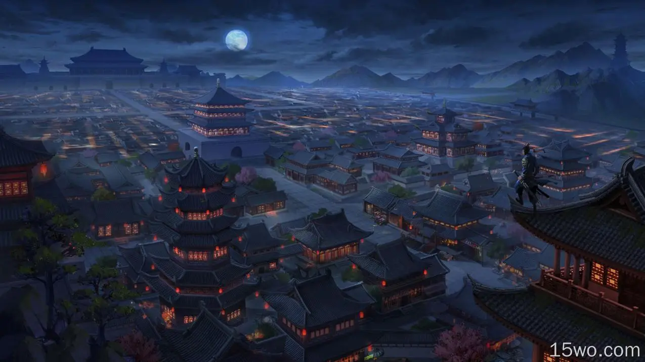 亚洲城市，幻想世界，宝塔，月光，城堡，夜晚，风景