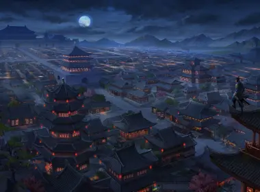 亚洲城市，幻想世界，宝塔，月光，城堡，夜晚，风景 3840x2160