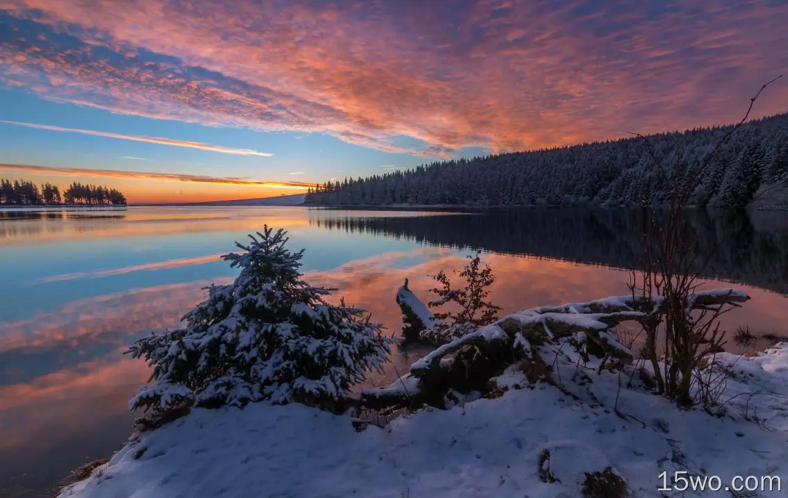 自然 湖泊 冬季 Snow 大自然 Dawn 云 高清壁纸