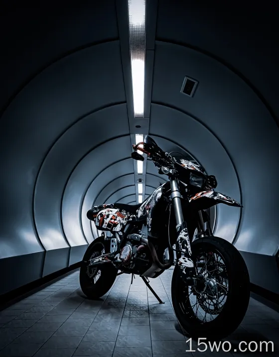 黑色摩托车，侧视图，隧道，灯，自行车