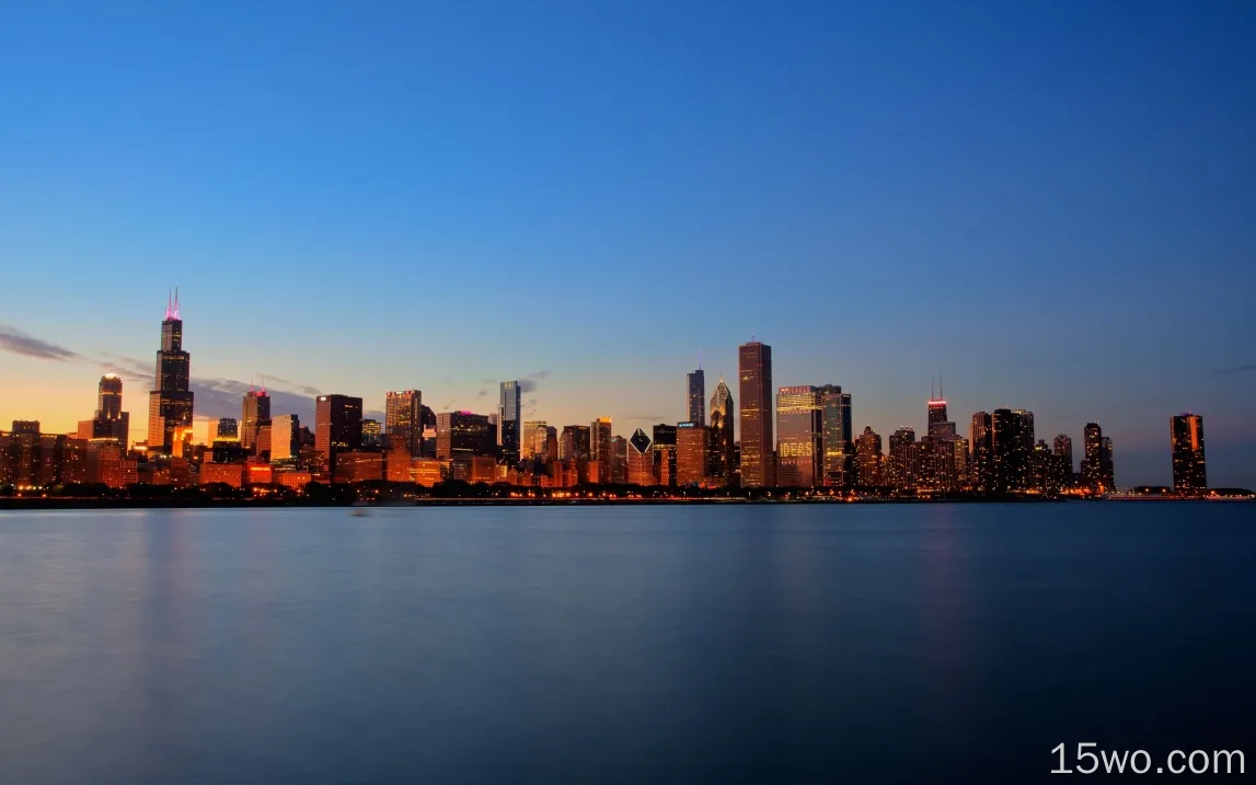 芝加哥，天际线，城市景观，摩天大楼，水，晴朗的天空