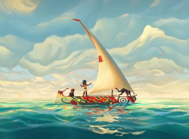 VSales，数字艺术，艺术品，插图，风景，大海，水，船，云，儿童，帆船，自然，深色皮肤，天空 6500x3264