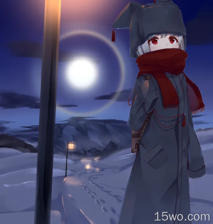 可爱的动漫女孩，红围巾，雪道，散步