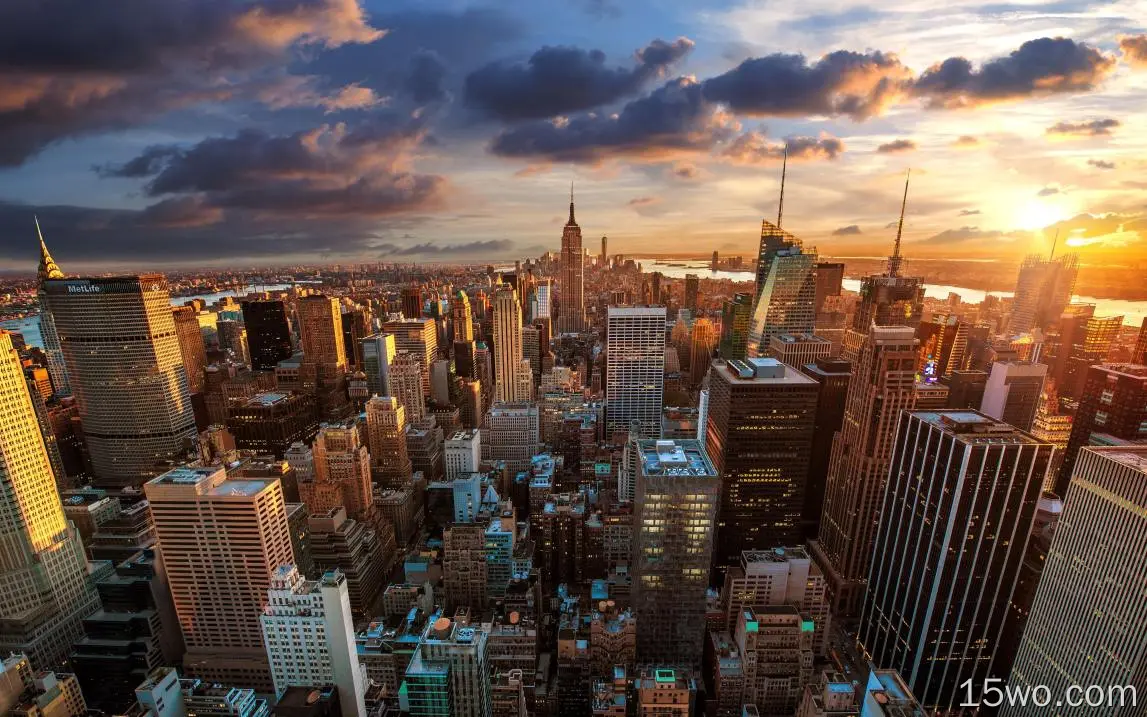 纽约，城市风光，日落，摩天大楼，现代建筑，云