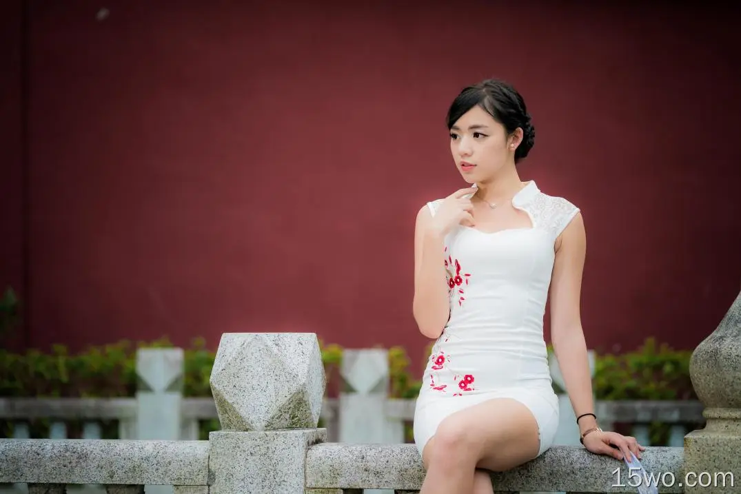 女性 亚洲 Woman 模特 女孩 White Dress Black Hair 高清壁纸