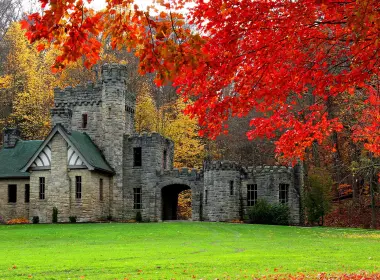城堡、秋天、草地、建筑、大门、草坪、克利夫兰 2560x1440