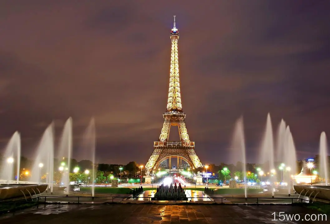 人造 埃菲尔铁塔 纪念建筑 光 夜晚 喷泉 巴黎 高清壁纸