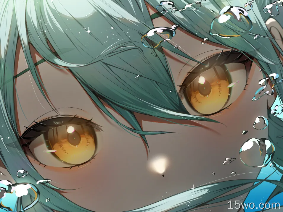 anime,anime girls,looking at viewer,water,water drops,green hair,yellow eyes,closeup,face