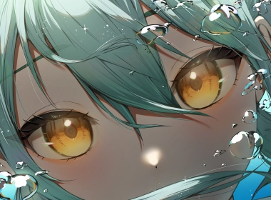 anime,anime girls,looking at viewer,water,water drops,green hair,yellow eyes,closeup,face 4000x3000