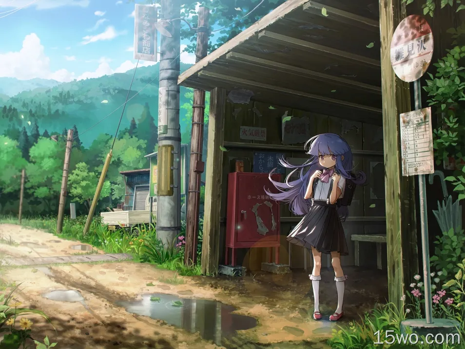 furude rika，higurashi no naku koro ni，公共汽车站，紫色头发，校服