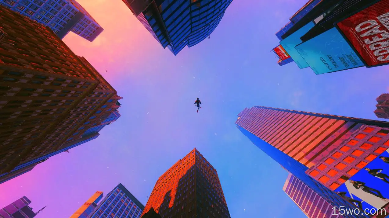 Spider-Man,Miles Morales,city,New York City,Spiderman Miles Morales,skyscraper,bodysuit,superhero,building,sky,CGI,digital art