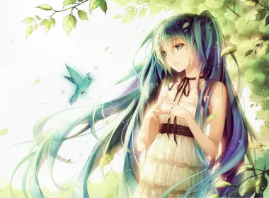 动漫 Vocaloid Hatsune Miku Blue Hair Long Hair 鸟 女孩 White Dress Green Eyes 高清壁纸 3739x2492