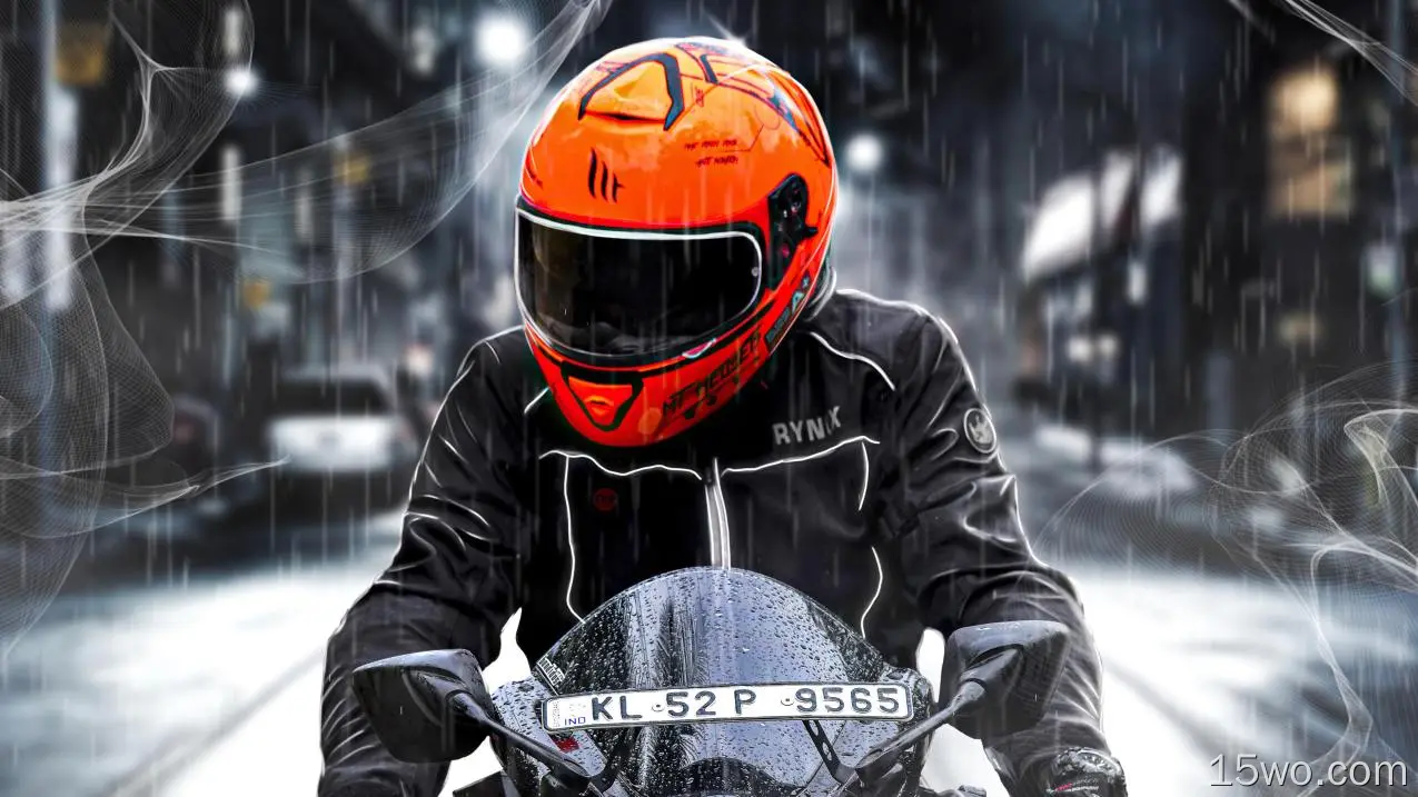 橙色头盔摩托车手4k