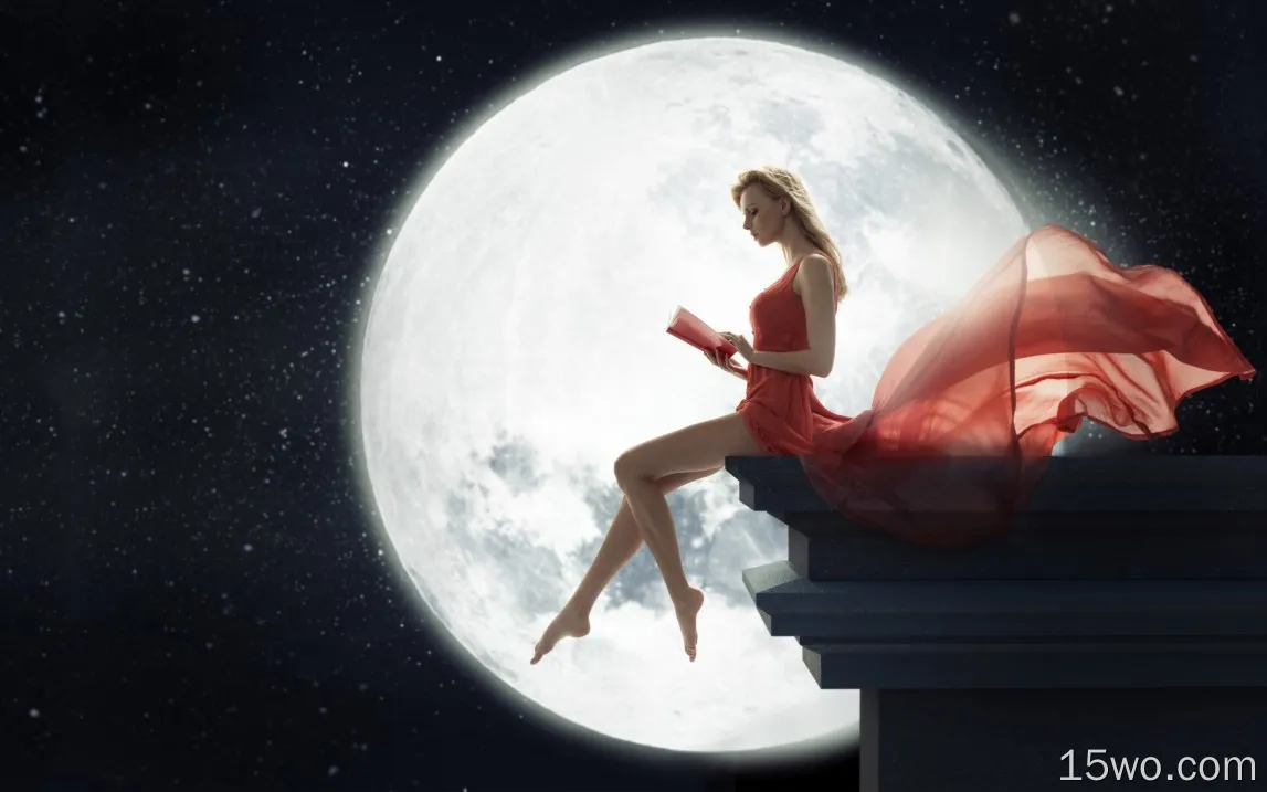 硕大的月亮坐在屋顶穿着红裙的欧美美女唯美摄影壁纸