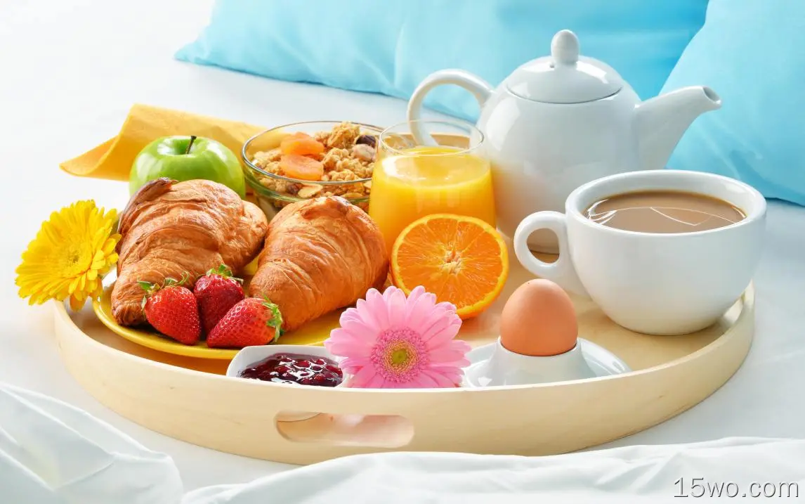 食物 早餐 静物 咖啡 羊角面包 果汁 Cup 蛋 苹果 Muesli 高清壁纸