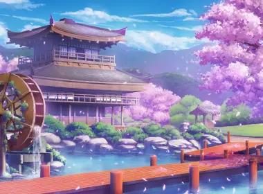 动漫 原创 水 Sakura 房屋 高清壁纸 3920x2206