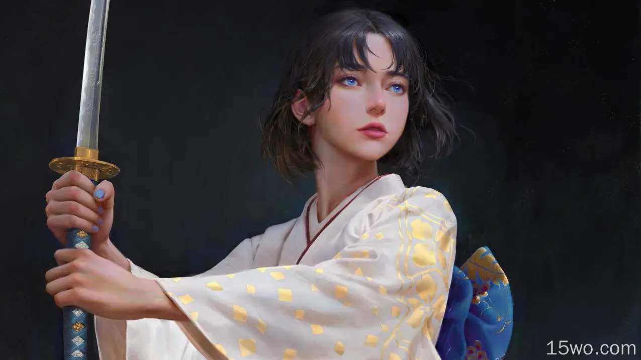 奇幻 女战士 Woman 女孩 日本 Kimono 武士刀 Blue Eyes 高清壁纸