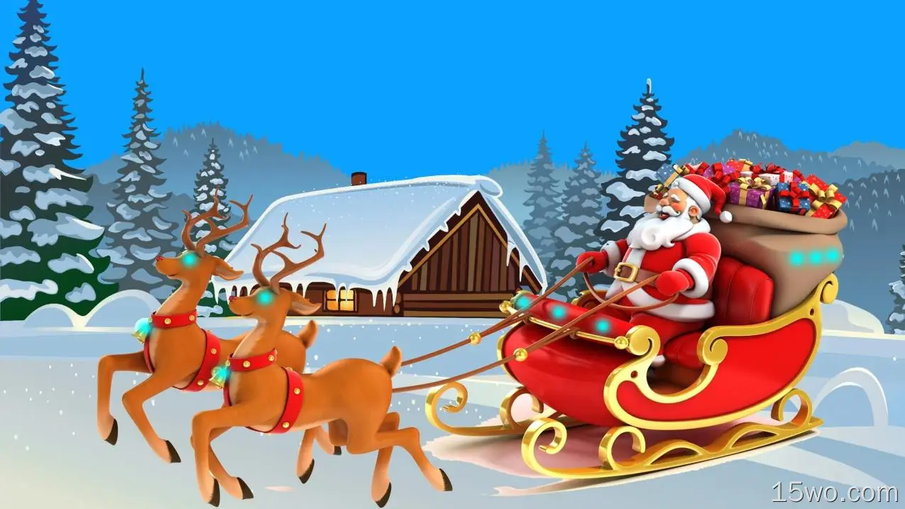 节日 圣诞节 Santa Sleigh Reindeer 木屋 Snow 树 高清壁纸