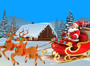 节日 圣诞节 Santa Sleigh Reindeer 木屋 Snow 树 高清壁纸 2560x1440