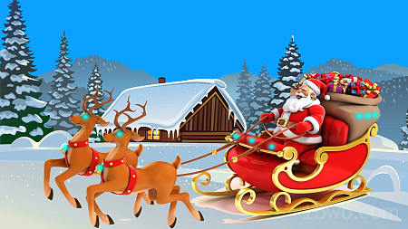 节日 圣诞节 Santa Sleigh Reindeer 木屋 Snow 树 高清壁纸 2560x1440