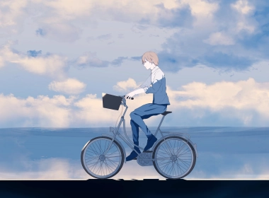 动漫男孩，自行车，云，放松，心情，剖面图 5120x2280