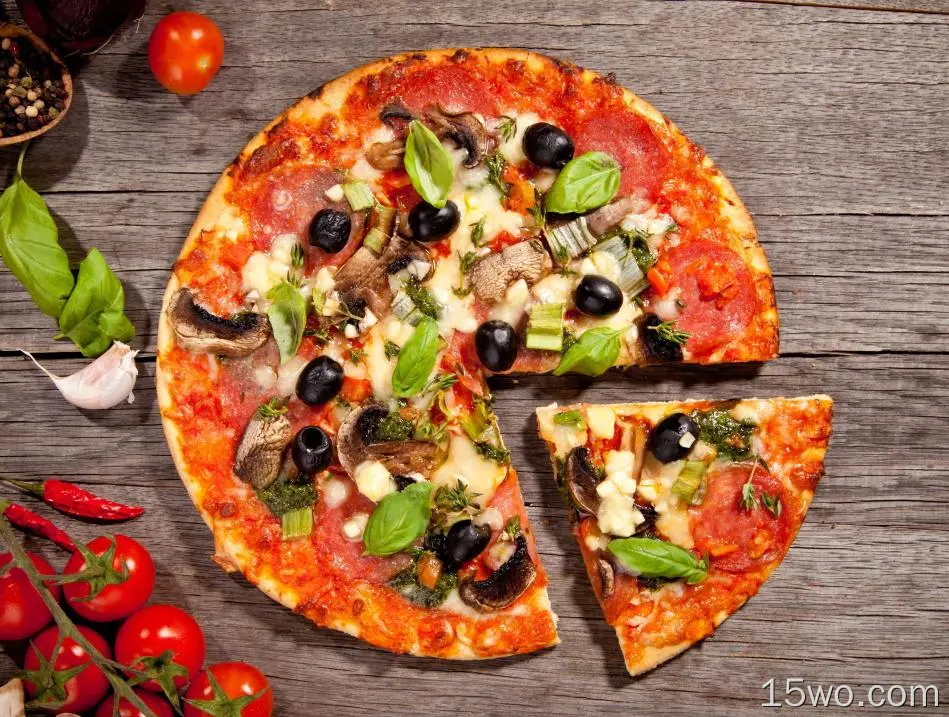 披萨片、快餐、西红柿、蔬菜