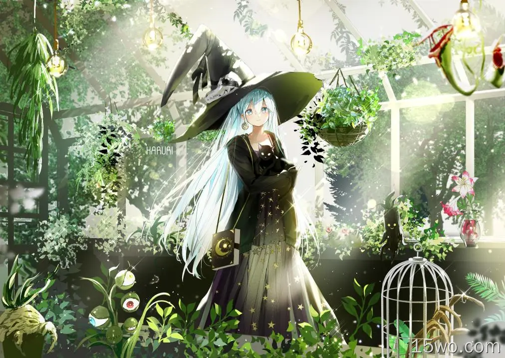 动漫女巫、花园、黑猫、连衣裙、浅绿色头发