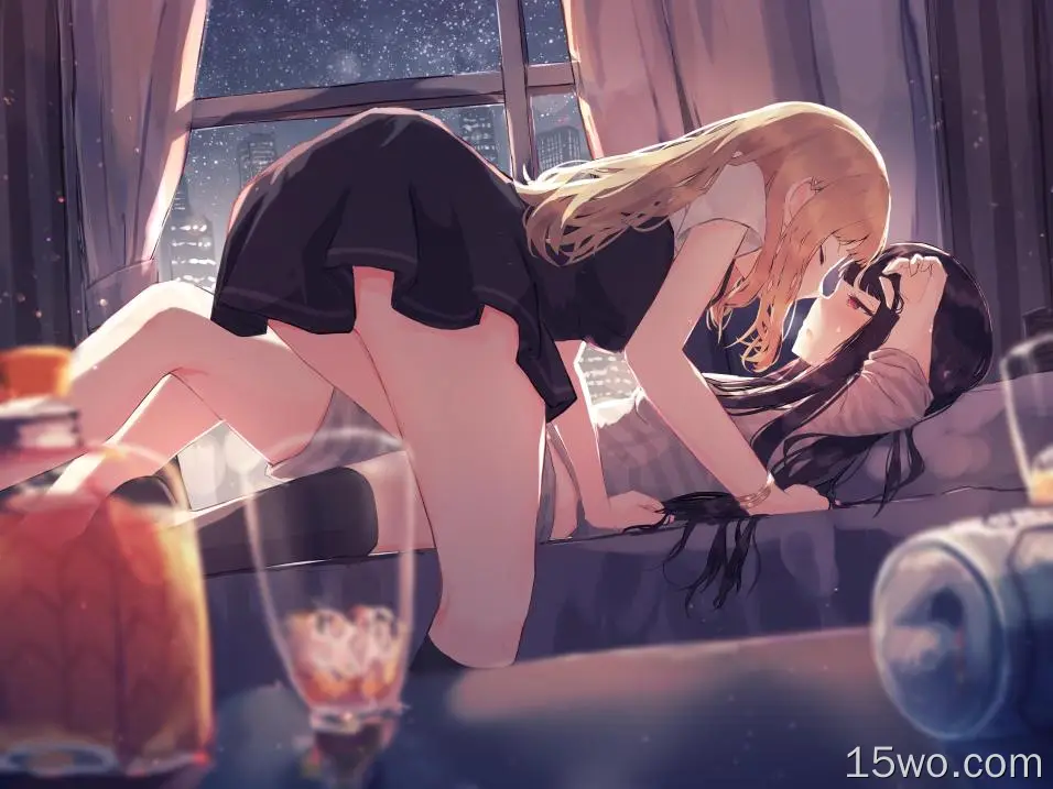 two women,anime,yuri,anime girls,lesbians,long hair,window,stars,drink,can,bed,curtains,blushing,bent over