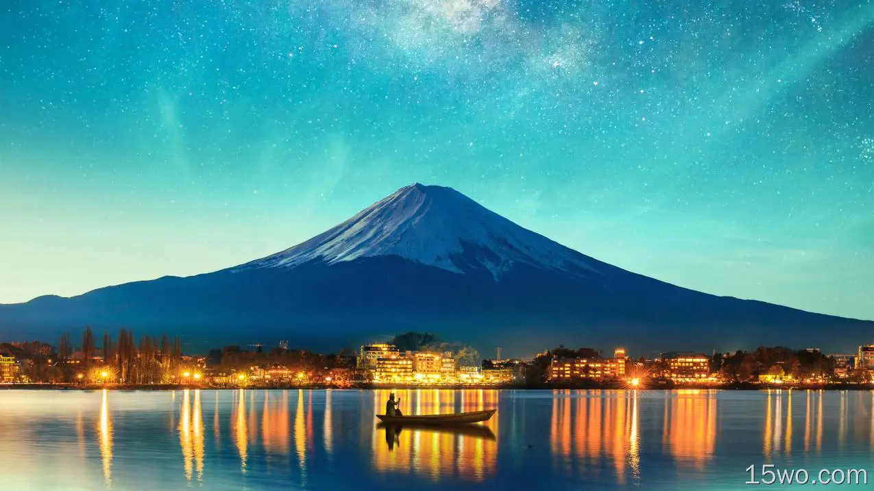 富士山 船 大海 星空