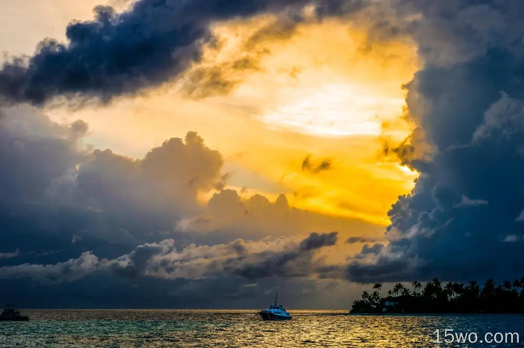 摄影 日出 Maldives Constance Halaveli Resort 船 Sea 云 天空 高清壁纸