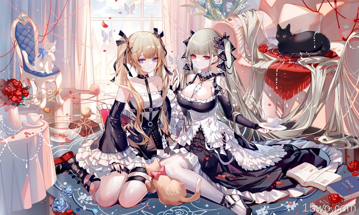 Azur Lane,maid,Black Cat,Formidable (Azur Lane),two women,cats,looking at viewer,indoors,maid outfit,cleavage,twintails,long hair,animals,ribbon