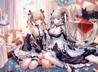 Azur Lane,maid,Black Cat,Formidable (Azur Lane),two women,cats,looking at viewer,indoors,maid outfit,cleavage,twintails,long hair,animals,ribbon 4096x2458