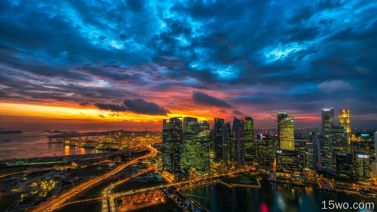 人造 新加坡 城市 Cityscape 夜晚 光 日落 云 高清壁纸