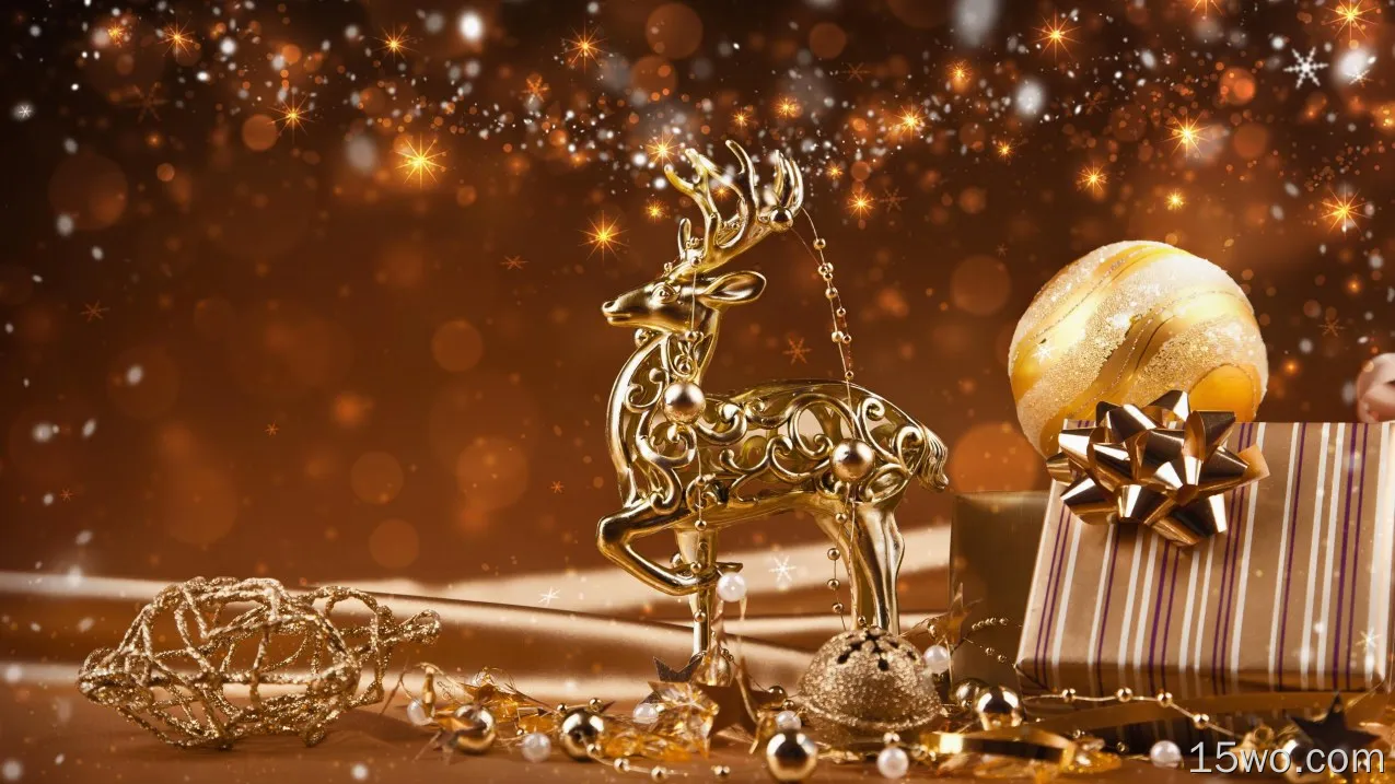 节日 圣诞节 Reindeer Gold Brown Christmas Ornaments 礼物 散焦 球体 高清壁纸