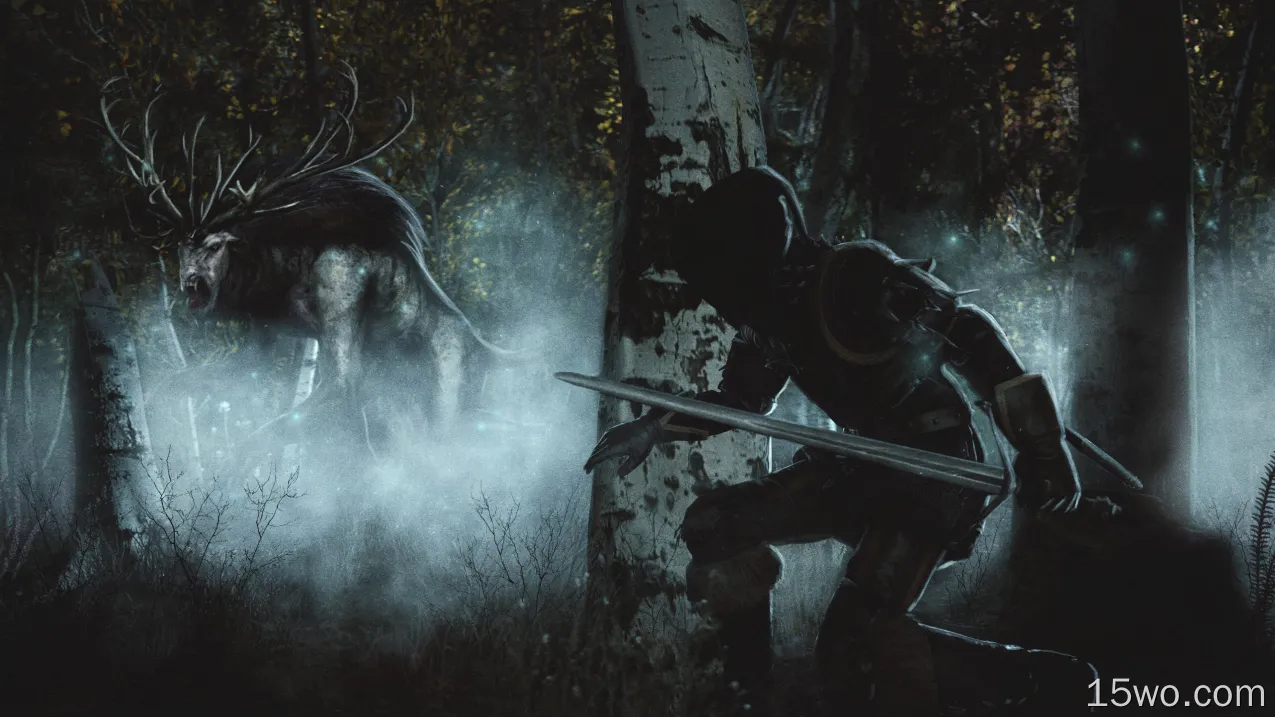 电子游戏 巫师3：狂猎 巫师 夜晚 森林 雾 生物 战士 剑 Geralt of Rivia 高清壁纸