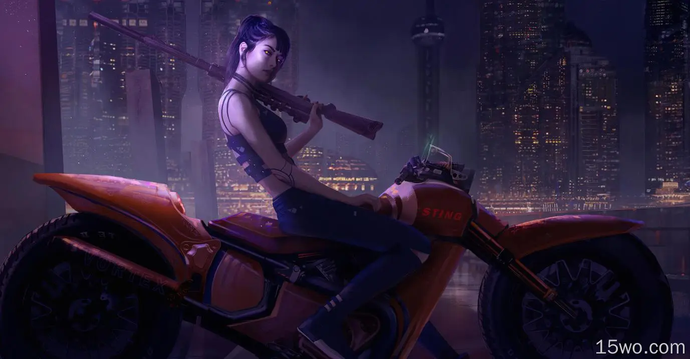 科幻 赛博朋克 摩托车 未来主义 Woman Warrior 女孩 城市 武器 高清壁纸