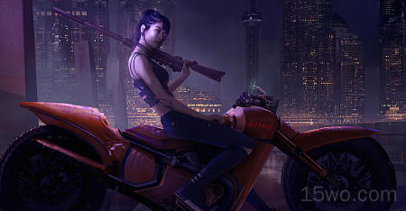 科幻 赛博朋克 摩托车 未来主义 Woman Warrior 女孩 城市 武器 高清壁纸 3840x2000
