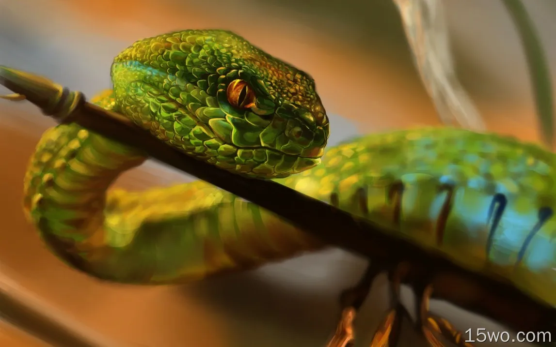 绘画，绿色蛇，眼睛