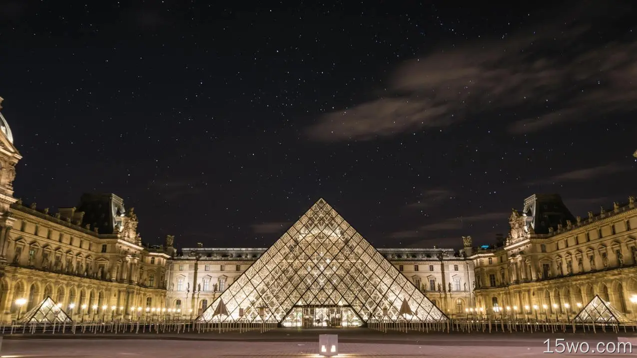 4K 风景 法国 巴黎 卢浮宫 城市夜景