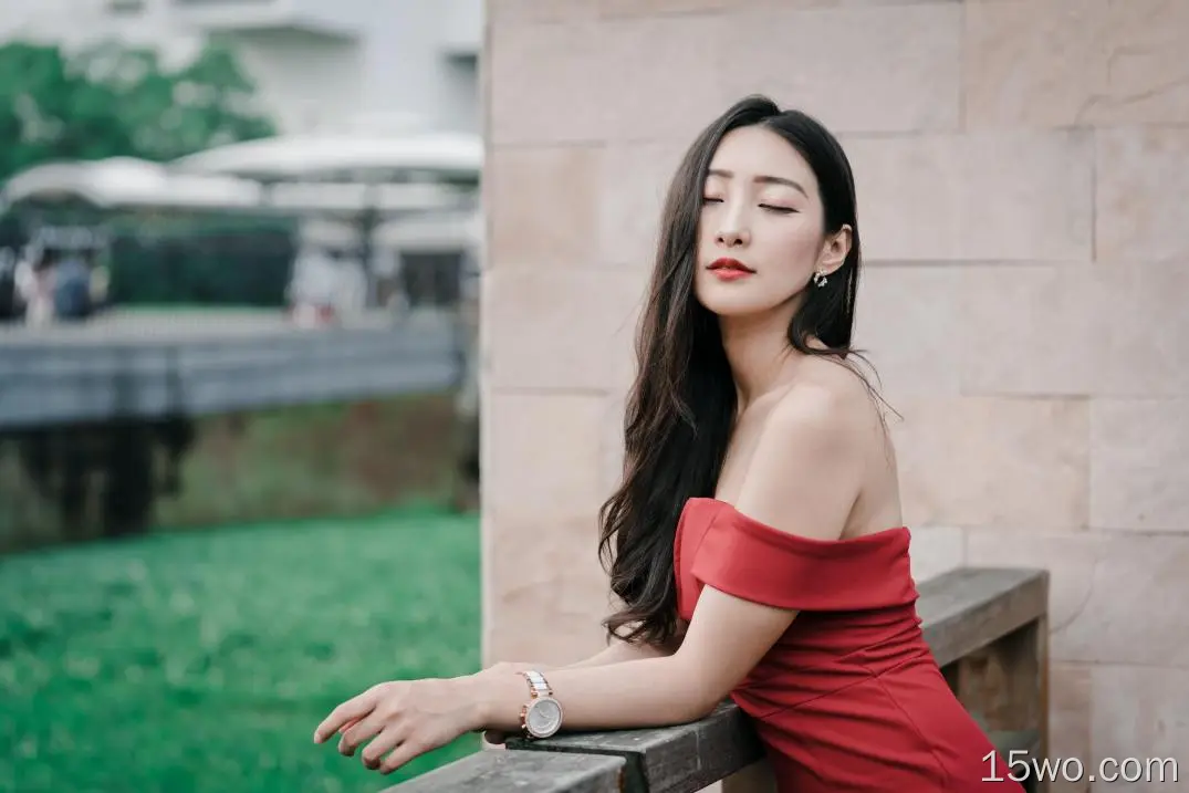 女性 亚洲 Woman 模特 女孩 Red Dress 情绪 Long Hair Black Hair Lipstick 高清壁纸