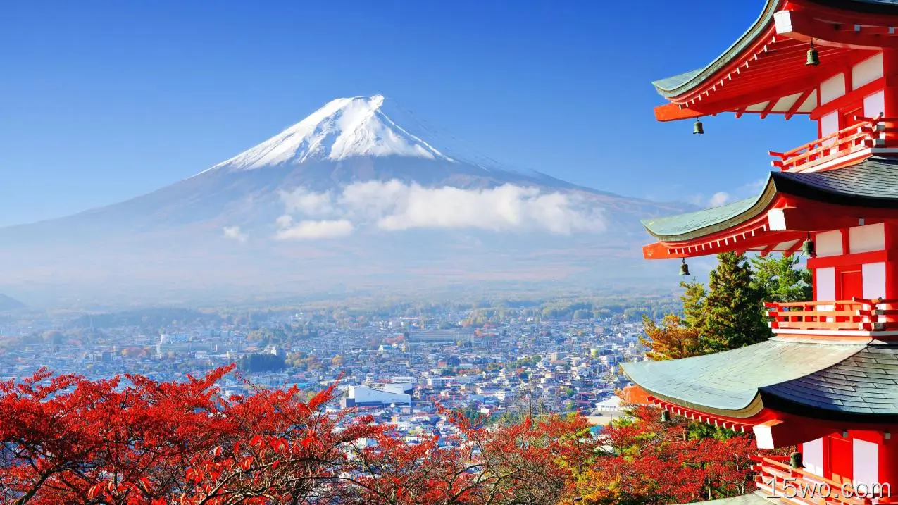 日本 富士山 楼阁 樱花
