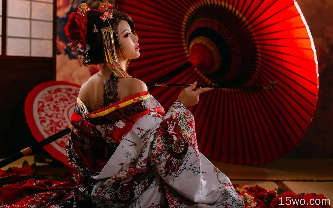 女性 Geisha Woman 女孩 亚洲 伞 模特 Kimono 文身 Lipstick Brunette 高清壁纸