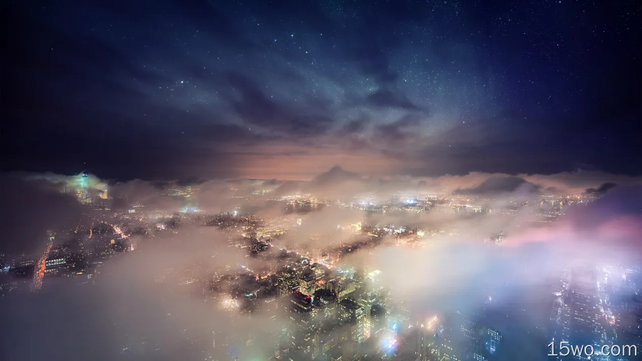 人造 纽约 城市 美国 USA Cityscape 航拍 夜晚 光 雾 Horizon 天空 高清壁纸