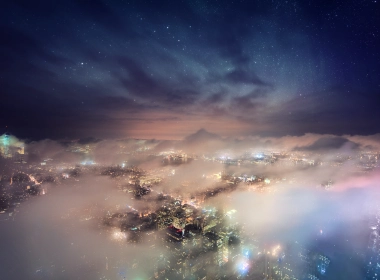 人造 纽约 城市 美国 USA Cityscape 航拍 夜晚 光 雾 Horizon 天空 高清壁纸 3840x2160
