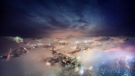 人造 纽约 城市 美国 USA Cityscape 航拍 夜晚 光 雾 Horizon 天空 高清壁纸 3840x2160