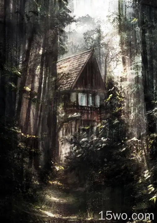 废弃的房子、森林、绘画、黑暗、恐怖
