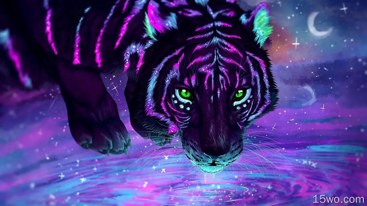 老虎，紫色，数字艺术，绿色眼睛