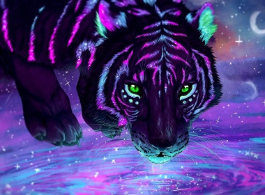 老虎，紫色，数字艺术，绿色眼睛 2560x1440