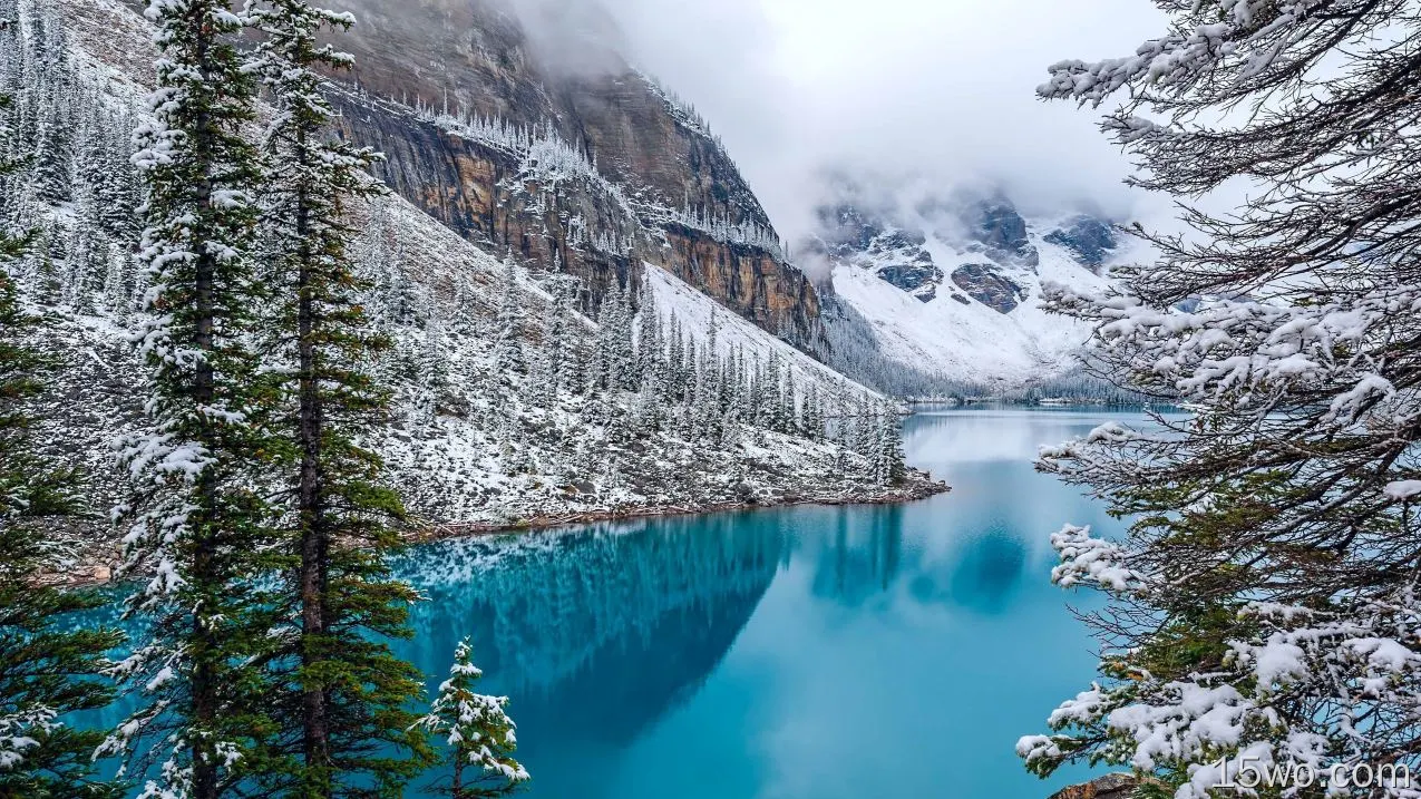 自然 梦莲湖 湖泊 地球 冬季 森林 树 山 加拿大 Snow 高清壁纸
